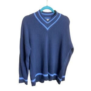 Lafayette 148 New York Cashmere Striped Trim V Neck Sweater Sz L Blue Preppy
